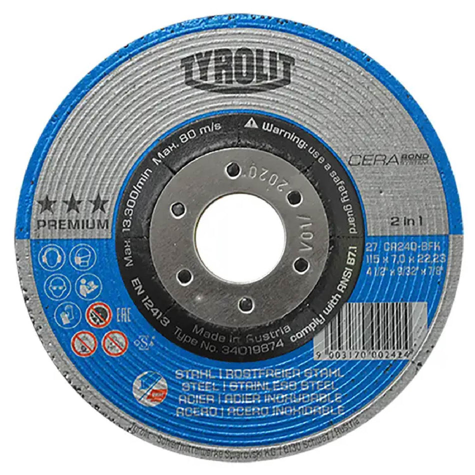 DISCO DE CORTE 2 EN 1  ACERO AL CARBÓN E INOXIDABLE TYROLIT CERABOND G-60 4-1/2X0.04X7/8 SKU QAX4250