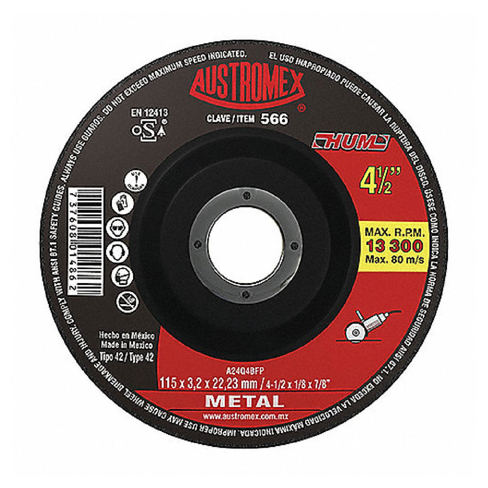 DISCO DE DESBASTE PARA METAL HUM G-24 4X1/4X5/8 SKU QAX529