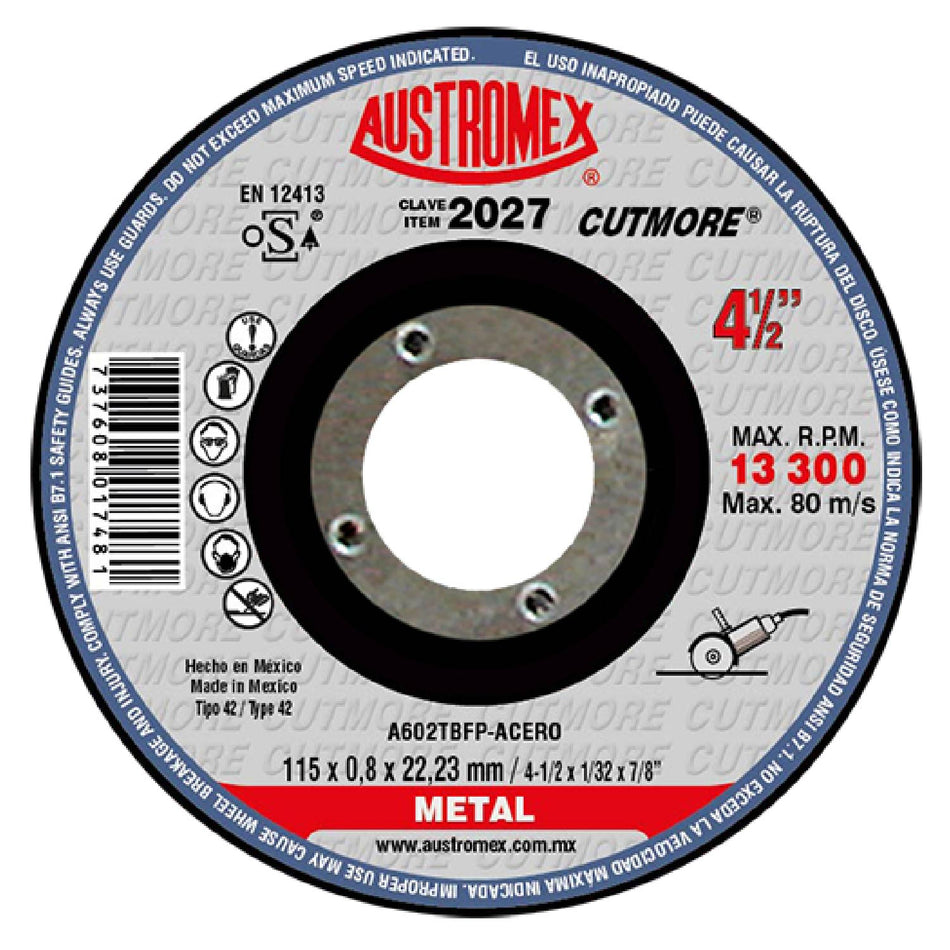 DISCO DE CORTE PARA ACERO INOXIDABLE CUTMORE G-24 4-1/2X1/8X7/8 SKU QAX532