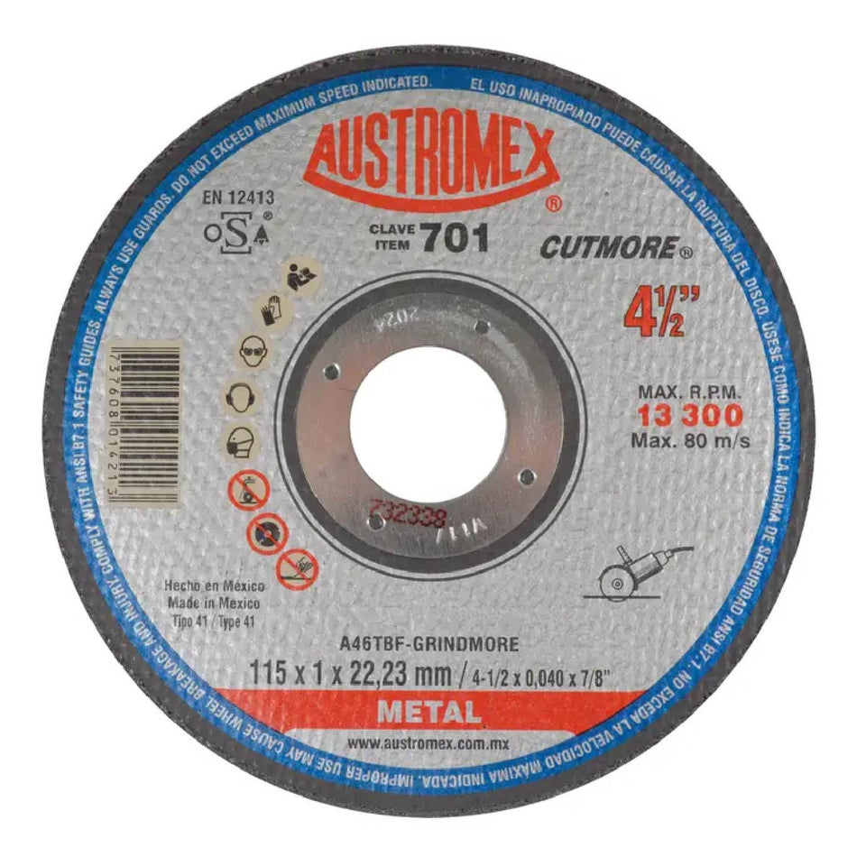 DISCO DE CORTE PARA METAL FERROSO CUTMORE G-46 4-1/2X3/64X7/8 SKU QAX701