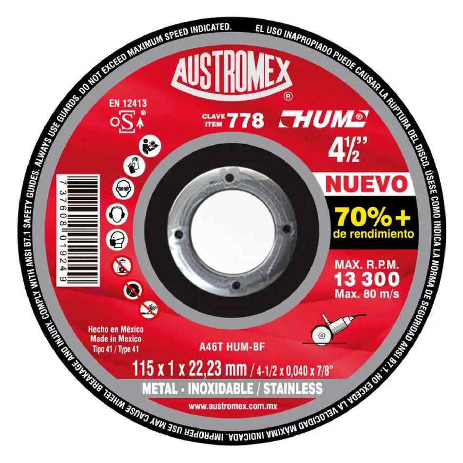 DISCO DE CORTE PARA METAL FERROSO Y ACERO INOXIDABLE HUM G-46 4-1/2X3/64X7/8 SKU QAX778