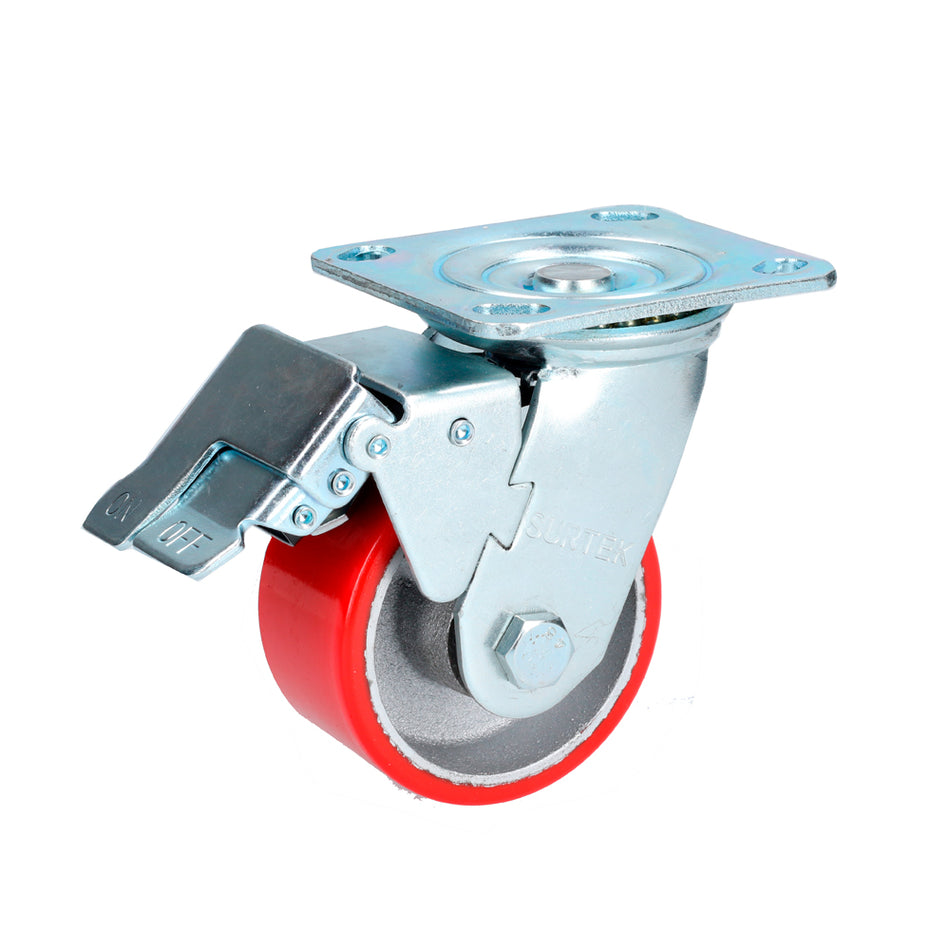 RODAJA DE FIERRO CON POLIURETANO ROJO GIRATORIA CON FRENO 4" SKU RP10B0