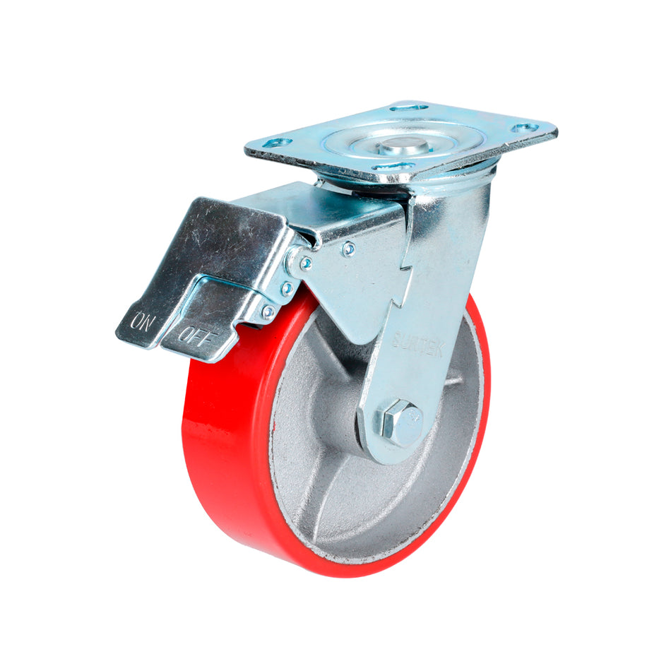 RODAJA DE FIERRO CON POLIURETANO ROJO GIRATORIA CON FRENO 6" SKU RP15B0