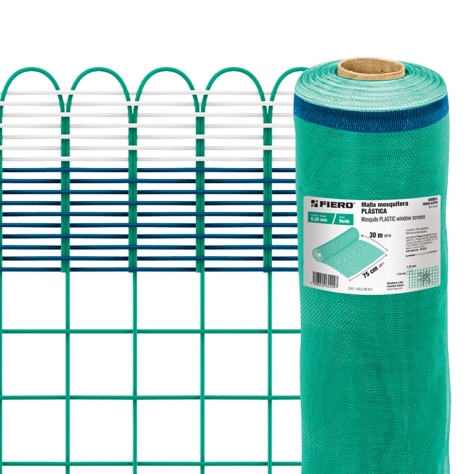 Rollo de 30 m x 0.75 m de malla mosquitera plástica verde SKU TEMO-07PV