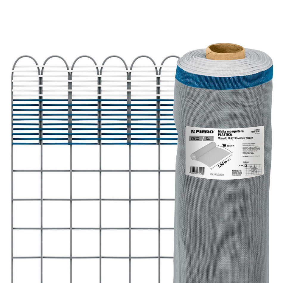 Rollo de 30 m x 1.5 m de malla mosquitera plástica gris SKU TEMO-15PG