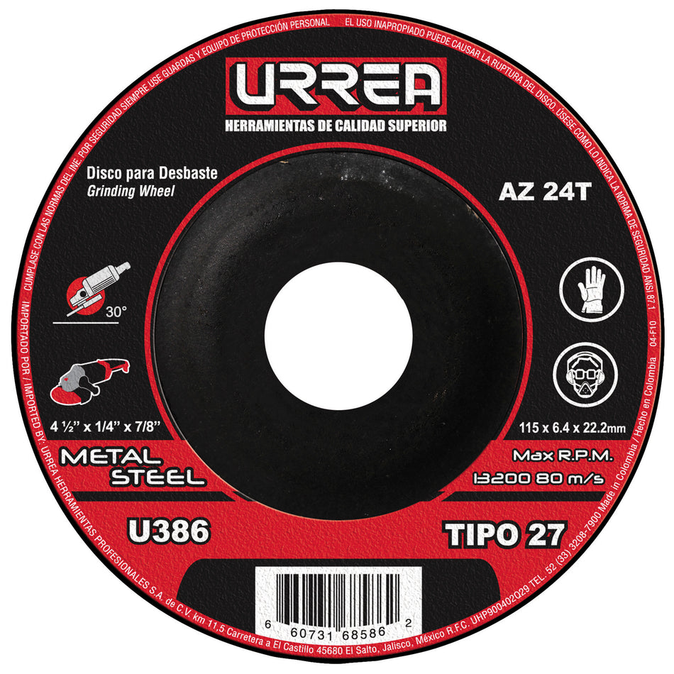 Disco abrasivo tipo 27 para metal 4-1/2" x 1/4" SKU U386