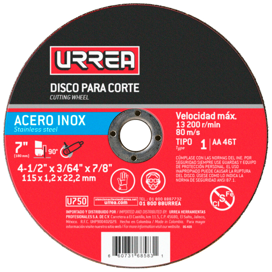 Disco abrasivo tipo 1 para acero inoxidable 4-1/2" x 3/64" SKU U750