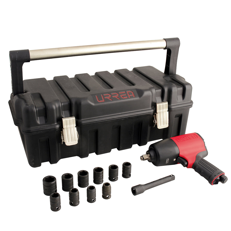 JUEGO DE PISTOLA DE IMPACTO NEUMATICA CUADRO DE 1 2 Y ACCESORIOS METRICOS 13 PIEZAS SKU UPC731KM