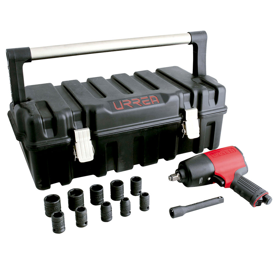 JUEGO DE PISTOLA DE IMPACTO NEUMATICA CUADRO DE 1 2 Y ACCESORIOS EN PULGADAS 13 PIEZAS SKU UPC731K