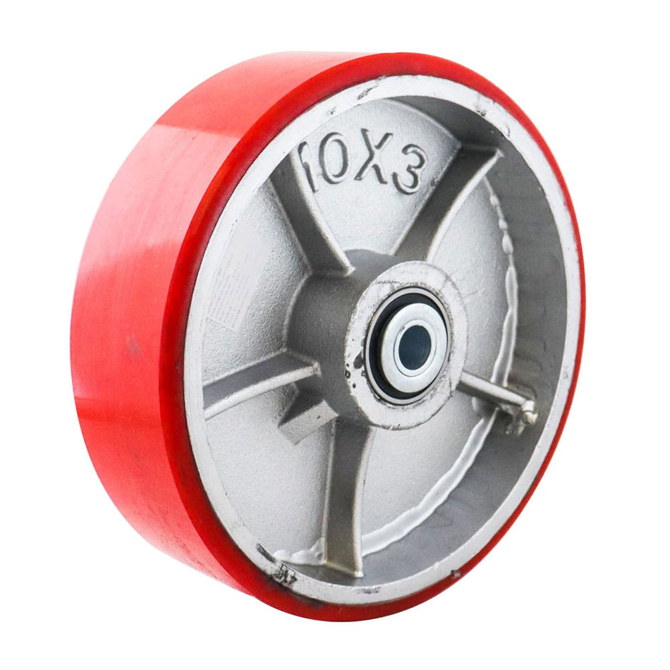 RUEDA FIERRO VACIADO C/PU ROJA 10X3" C/BALERO SKU Y-1039-2500